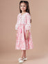 Girls Tiered Floral Print Tie-Up Neck A-Line Midi Cotton Dress
